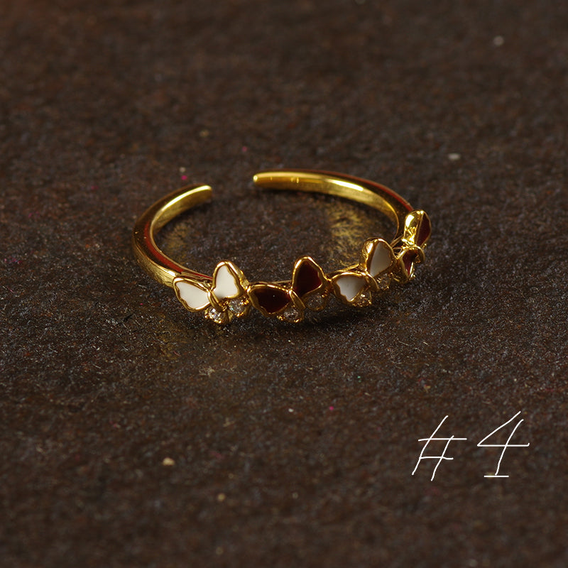 Handmade enamel butterfly with gemstone, gold plated band, open-ended and adjustable